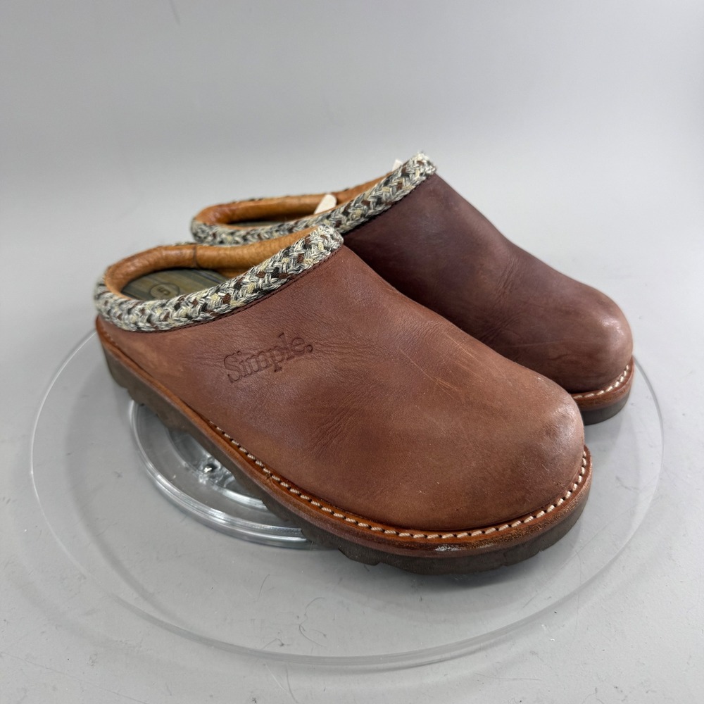 Simple Womens Leather Clogs Mules Woven Trim Lug Sole Brown Size 5